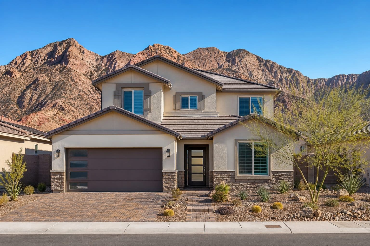 Two-story Terra at Skyeview home exterior at dusk in Skye Canyon, Las Vegas