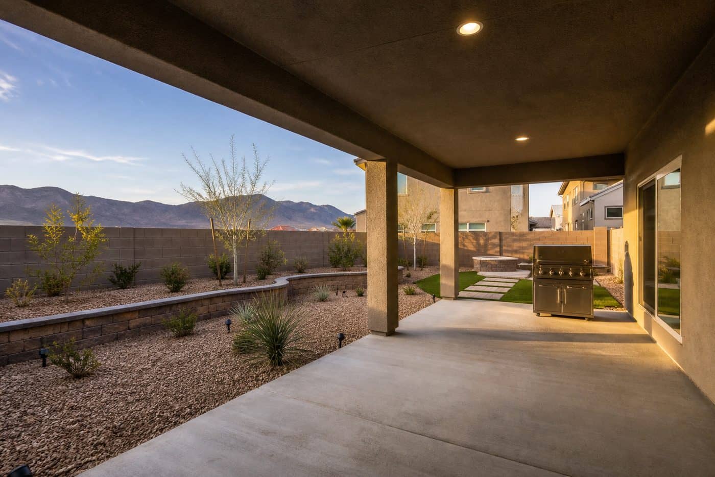Covered patio overlooking desert mountains at Terra at Skyeview, 89166